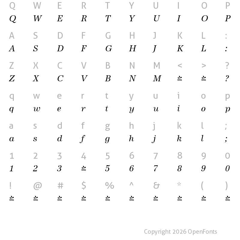 Character Map of FONTSPRING DEMO - URWAntiqua Italic
