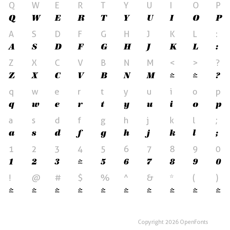 Character Map of FONTSPRING DEMO - URWAntiquaSupBol Italic