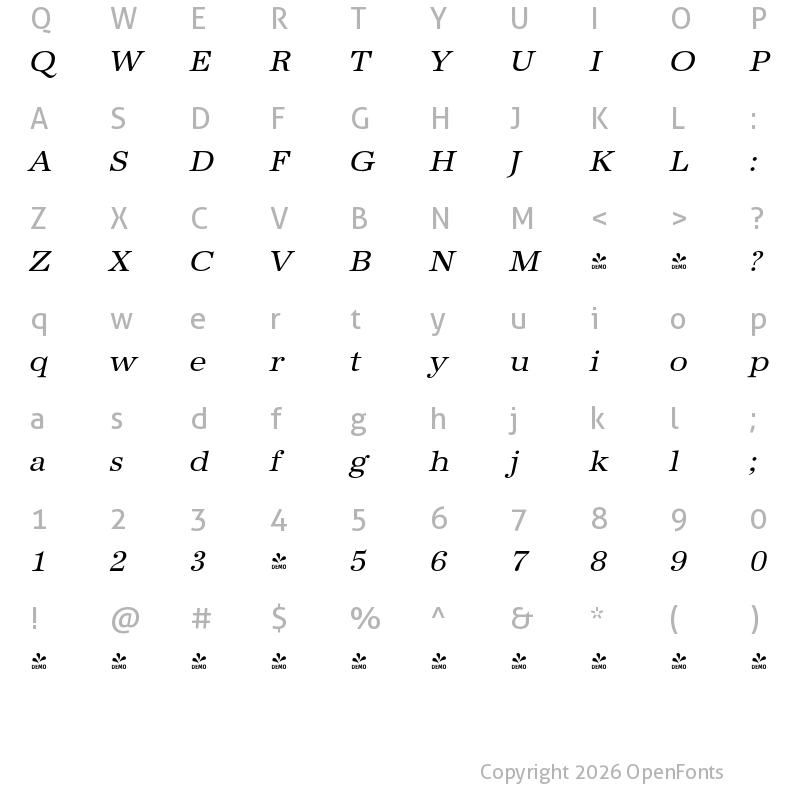 Character Map of FONTSPRING DEMO - URWAntiquaWid Italic