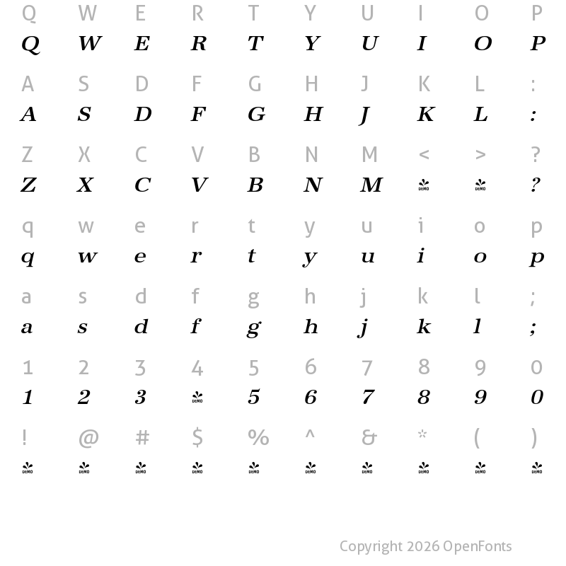 Character Map of FONTSPRING DEMO - URWAntiquaWidMed Italic