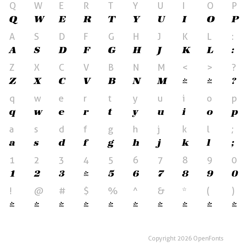 Character Map of FONTSPRING DEMO - URWAntiquaWidUltBol Italic