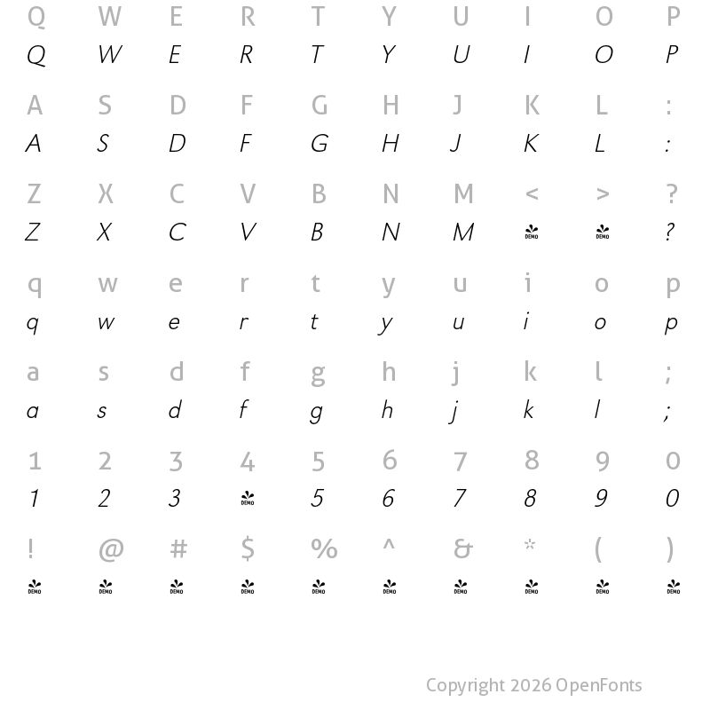 Character Map of FONTSPRING DEMO - URWGroteskExtLig Italic