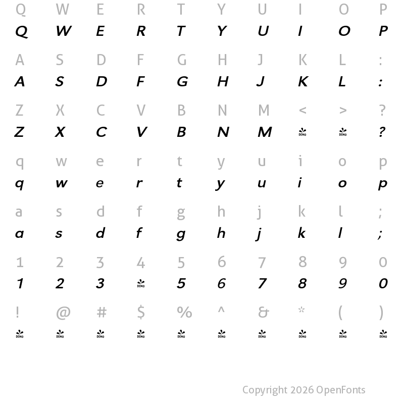 Character Map of FONTSPRING DEMO - URWGroteskExtWid Italic