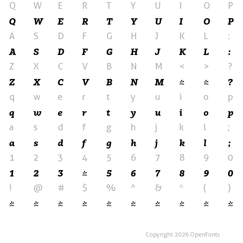 Character Map of FONTSPRING DEMO - Vaccine Extra Bold Italic