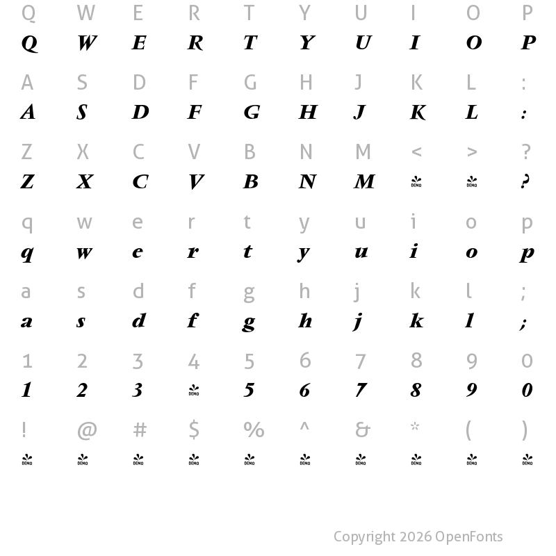 Character Map of FONTSPRING DEMO - Varennes Pro Bold Italic