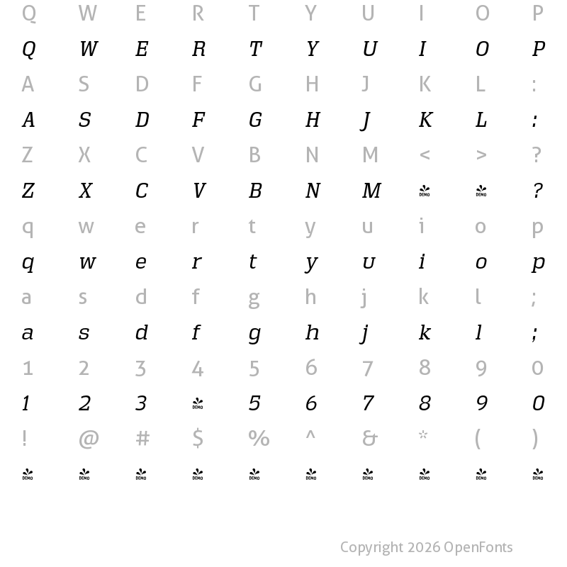 Character Map of FONTSPRING DEMO - Vectipede Bk Italic