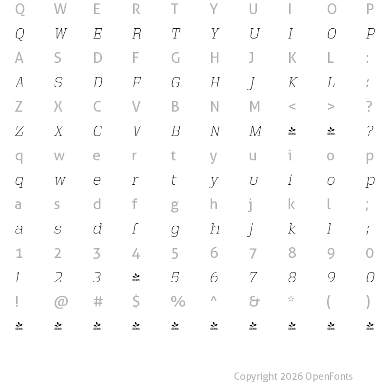 Character Map of FONTSPRING DEMO - Vectipede El Italic
