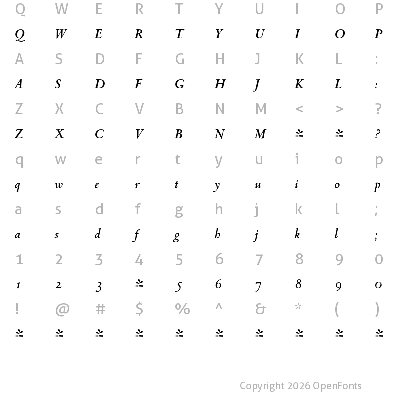 Character Map of FONTSPRING DEMO - Venetian 301 BT Bold Italic