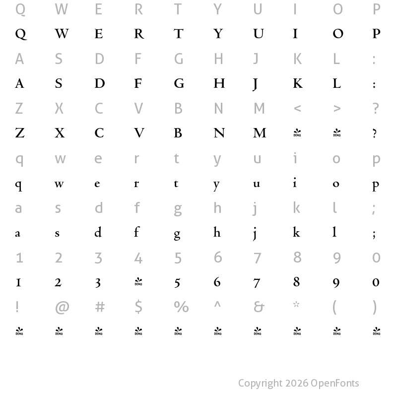 Character Map of FONTSPRING DEMO - Venetian 301 BT Bold Regular