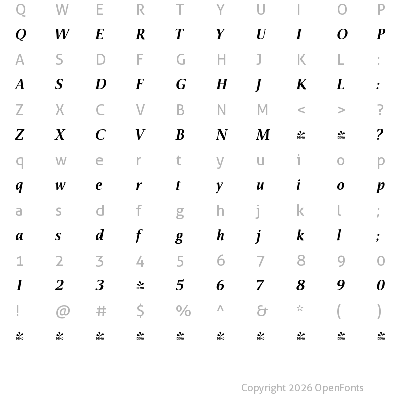 Character Map of FONTSPRING DEMO - Veritas AE Roman Bold Italic
