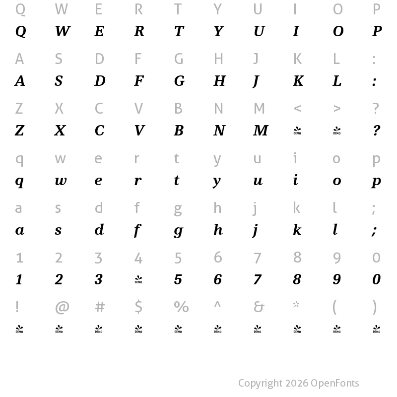 Character Map of FONTSPRING DEMO - Vernacular Clarendon Bold Italic