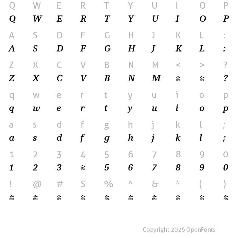 Character Map of FONTSPRING DEMO - Vernacular Clarendon Demi Italic