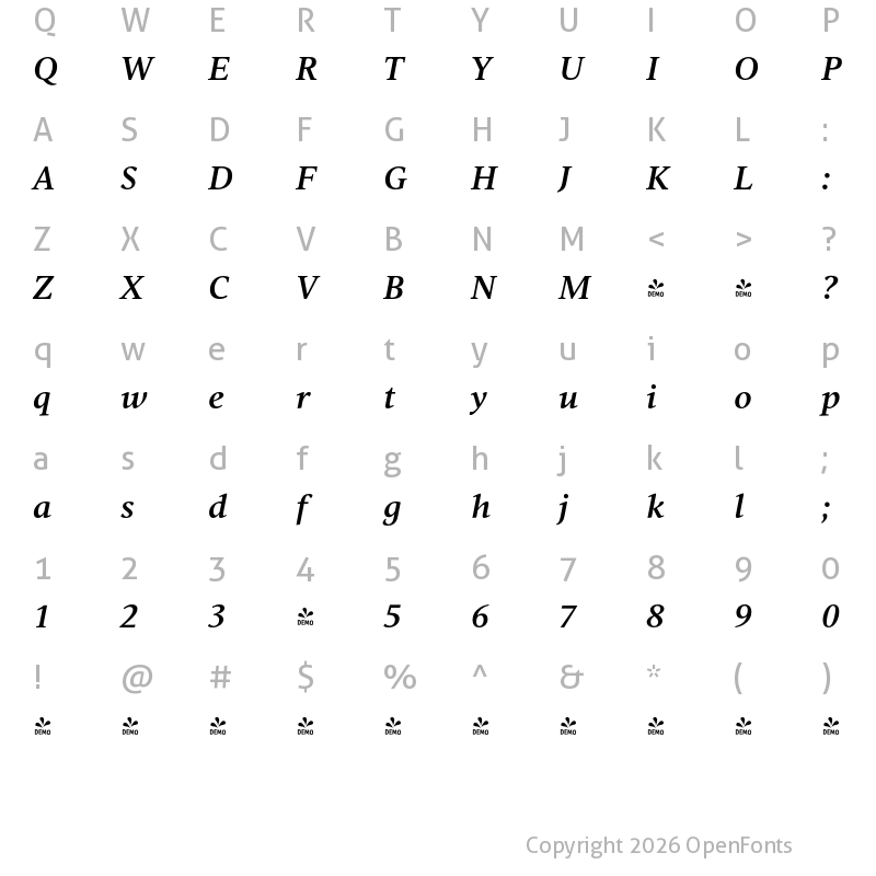 Character Map of FONTSPRING DEMO - Vernacular Serif Demi Italic