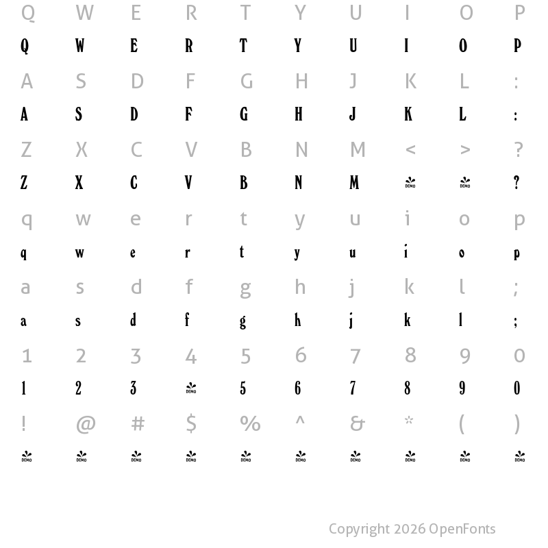 Character Map of FONTSPRING DEMO - Verona FS Elongated Regular