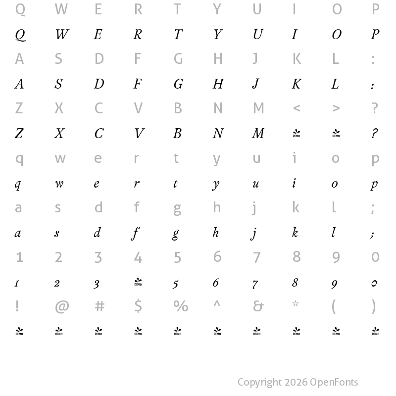 Character Map of FONTSPRING DEMO - Versina It Regular