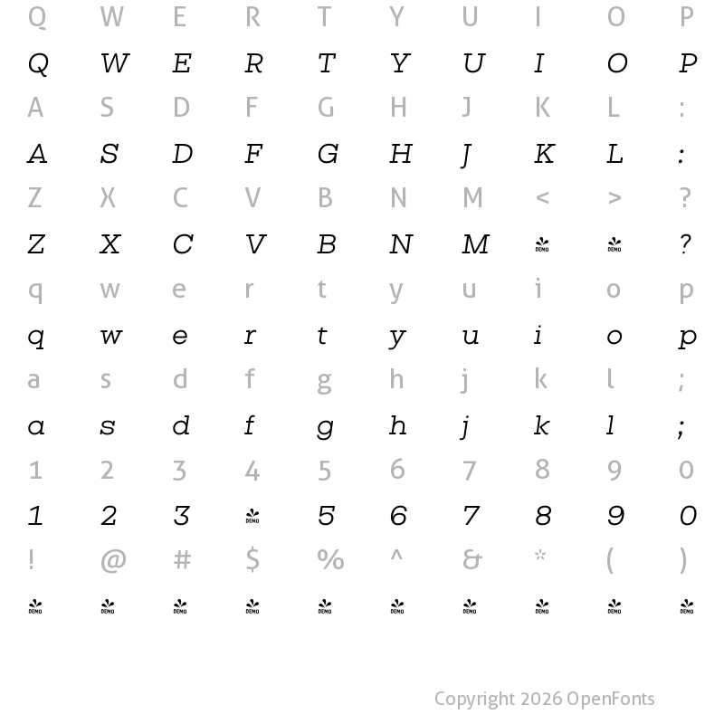 Character Map of FONTSPRING DEMO - Vicky Normal Italic
