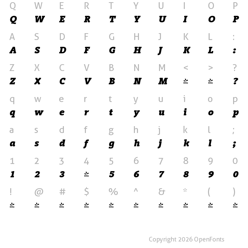 Character Map of FONTSPRING DEMO - VigorDT ExtraBold Italic