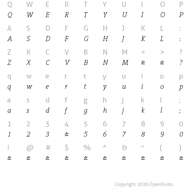 Character Map of FONTSPRING DEMO - VigorDT Light Italic