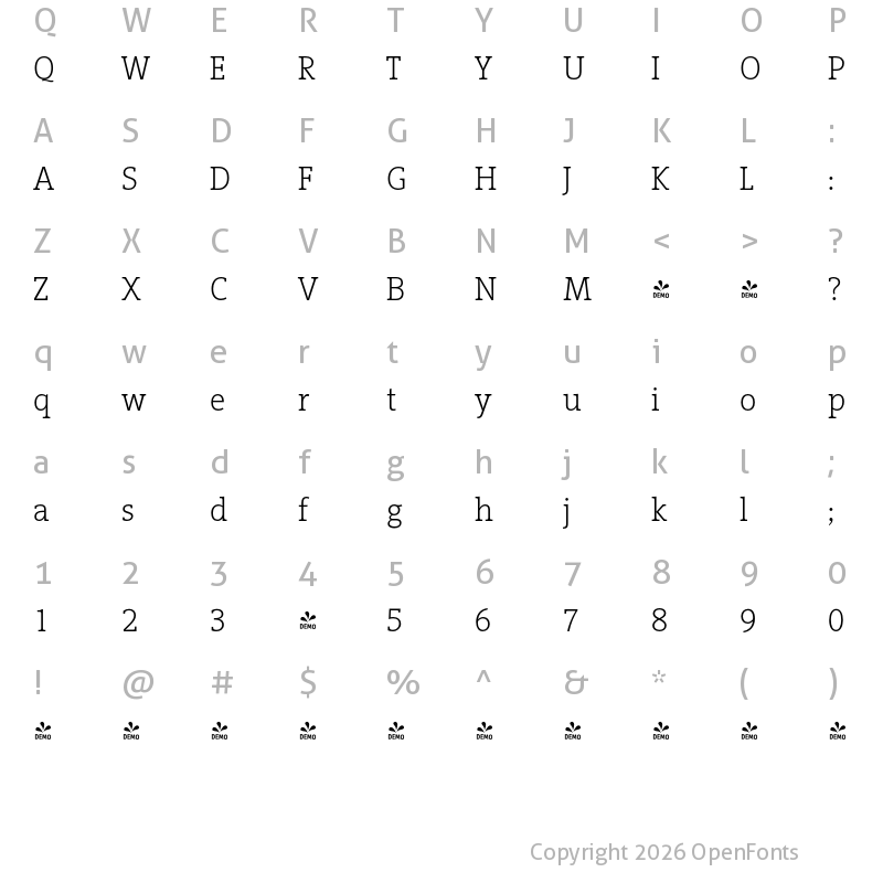 Character Map of FONTSPRING DEMO - VigorDT Light Regular