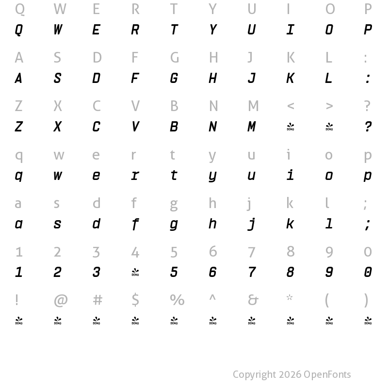 Character Map of FONTSPRING DEMO - Vin Mono Pro Bold Italic