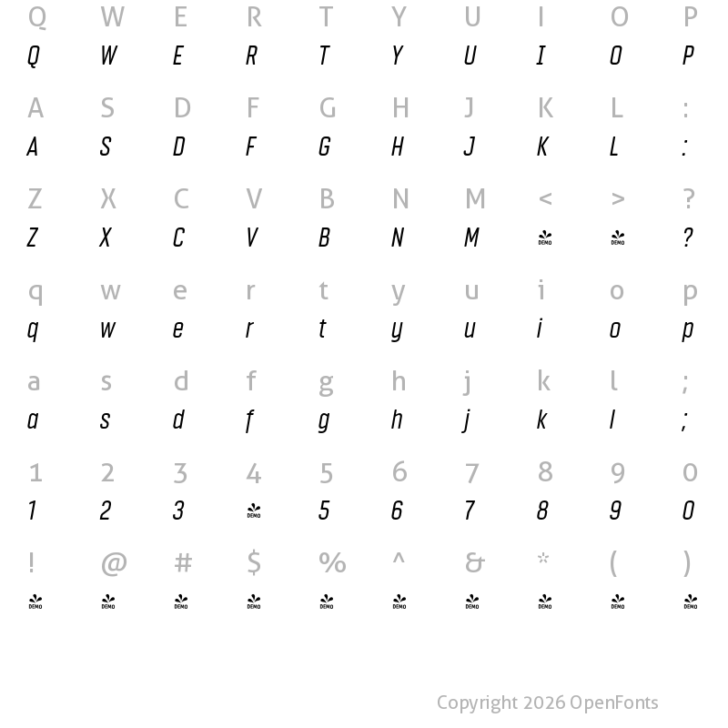 Character Map of FONTSPRING DEMO - Vin Sans Pro Italic