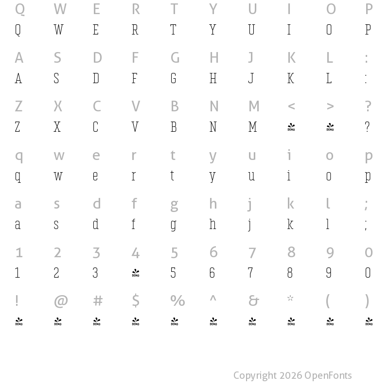 Character Map of FONTSPRING DEMO - Vin Slab Pro ExtLt Regular