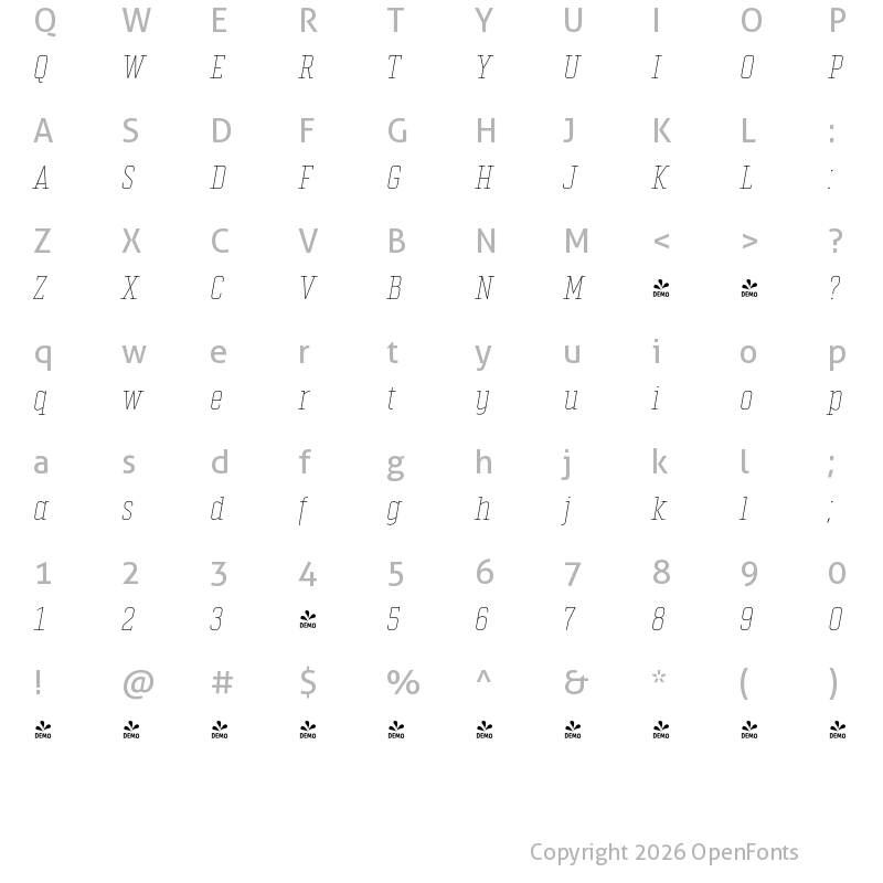 Character Map of FONTSPRING DEMO - Vin Slab Pro Thin Italic