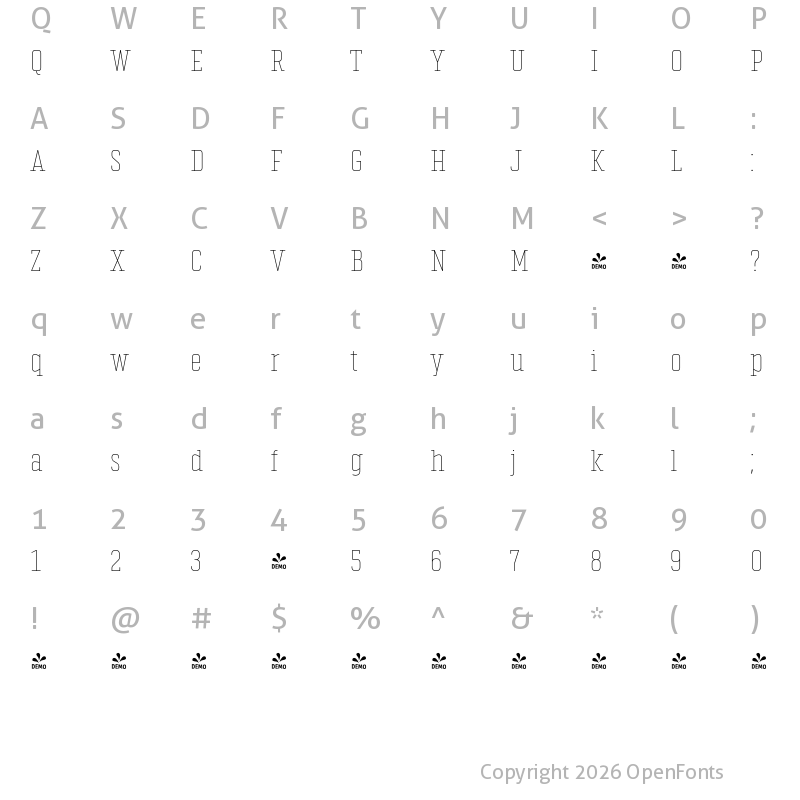Character Map of FONTSPRING DEMO - Vin Slab Pro Thin Regular