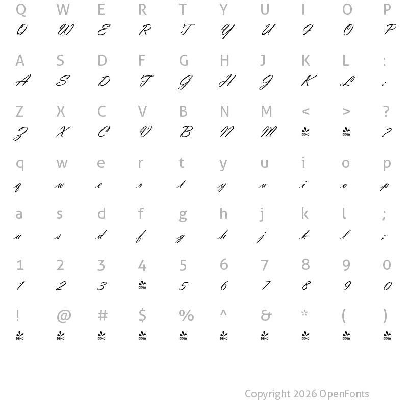 Character Map of FONTSPRING DEMO - Violin Script Pro Regular