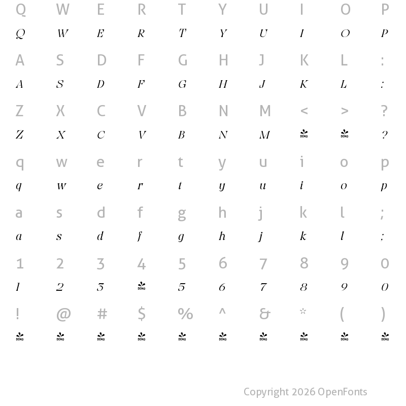 Character Map of FONTSPRING DEMO - Viory ExtLt Italic