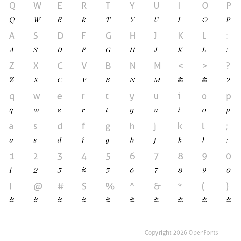 Character Map of FONTSPRING DEMO - Viory Light Italic