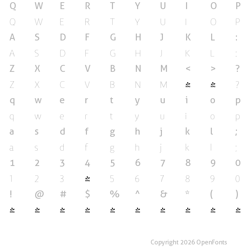 Character Map of FONTSPRING DEMO - Vitali Neue ExtraLight Regular
