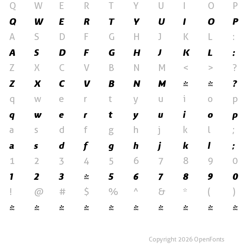 Character Map of FONTSPRING DEMO - Vitali Neue Heavy italic Regular