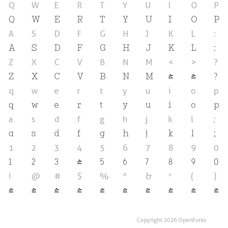 Character Map of FONTSPRING DEMO - Vivala G-Slab Light Condensed Regular