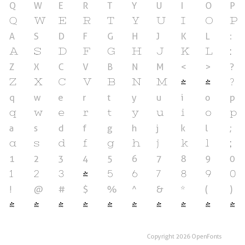 Character Map of FONTSPRING DEMO - Vivala G-Slab Thin Regular