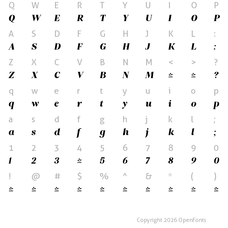 Character Map of FONTSPRING DEMO - Vivala Marbod SemiBold Italic