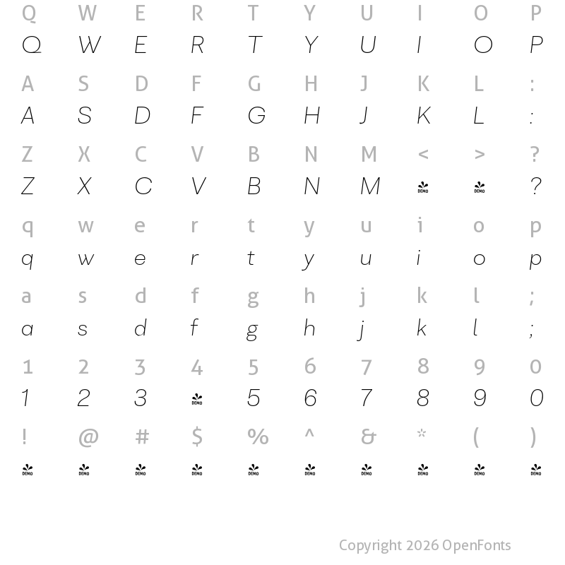 Character Map of FONTSPRING DEMO - VolkoGrot Thin Italic