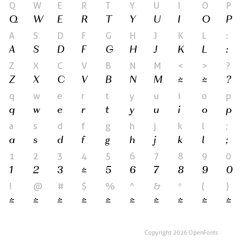 Character Map of FONTSPRING DEMO - VolkoSans Display Light Italic Regular