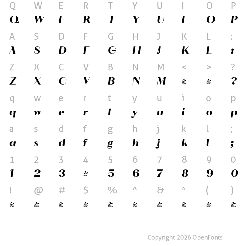 Character Map of FONTSPRING DEMO - VolkoSans Poster Black Italic Regular