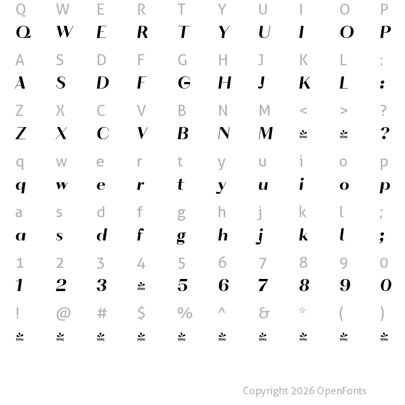Character Map of FONTSPRING DEMO - VolkoSans Poster Italic Bold