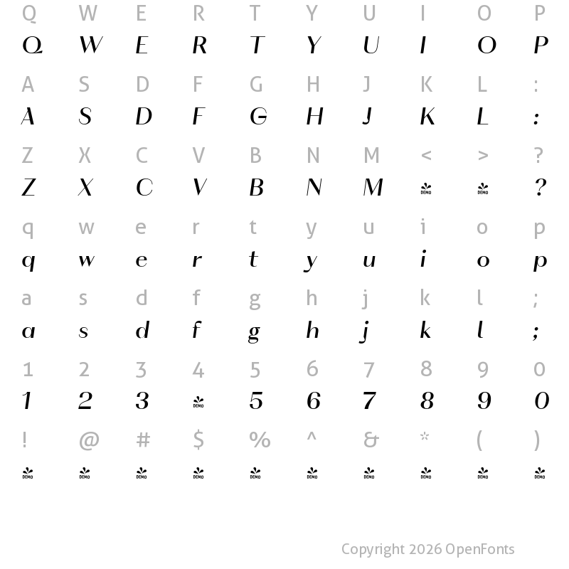 Character Map of FONTSPRING DEMO - VolkoSans Poster Italic
