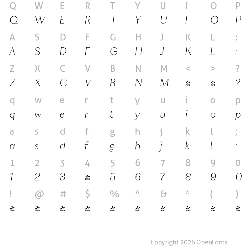 Character Map of FONTSPRING DEMO - VolkoSans Poster Thin Italic Regular