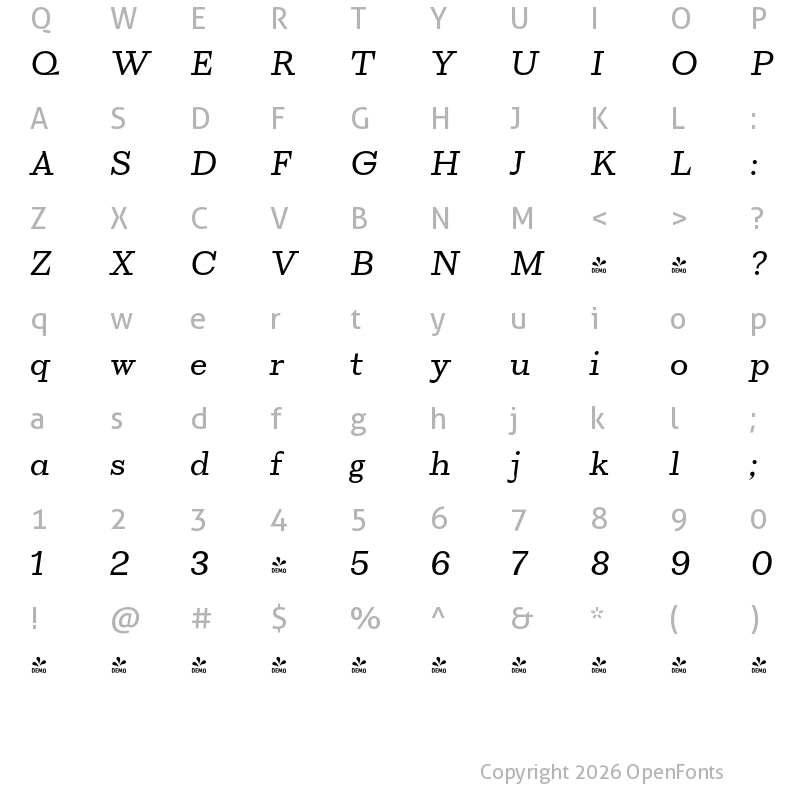 Character Map of FONTSPRING DEMO - VolkoSerif Caption UltLi Italic Regular