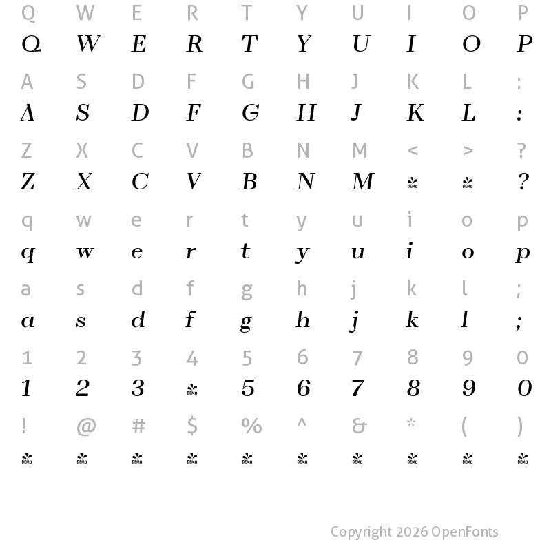 Character Map of FONTSPRING DEMO - VolkoSerif Display Italic