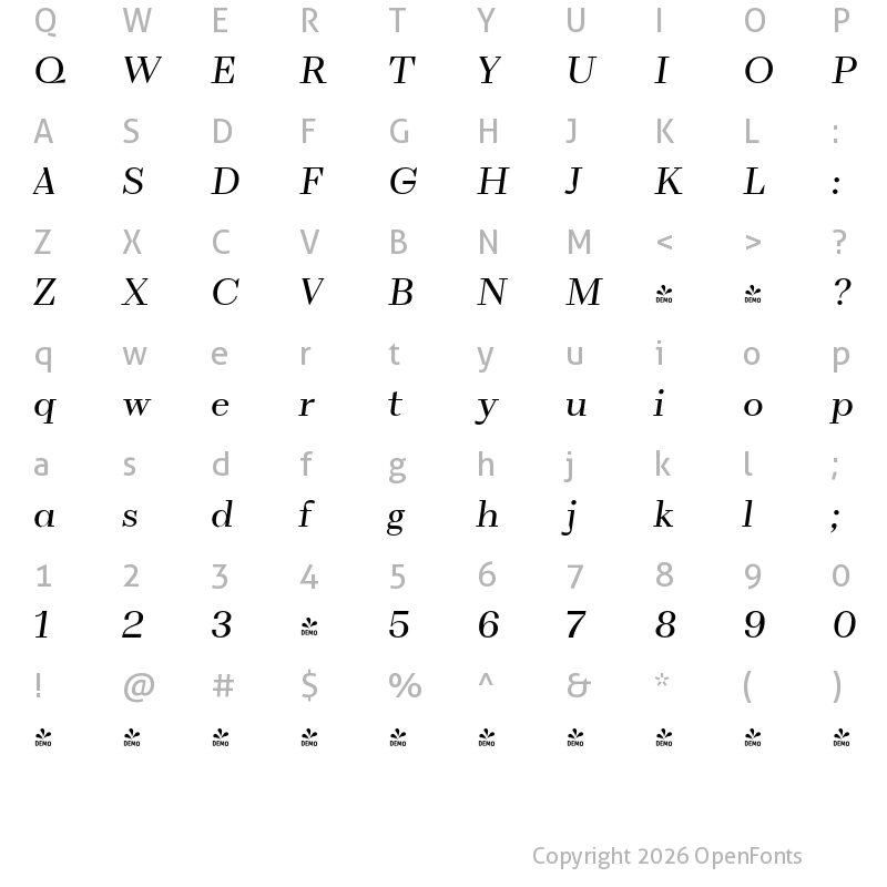 Character Map of FONTSPRING DEMO - VolkoSerif Display Light Italic Regular