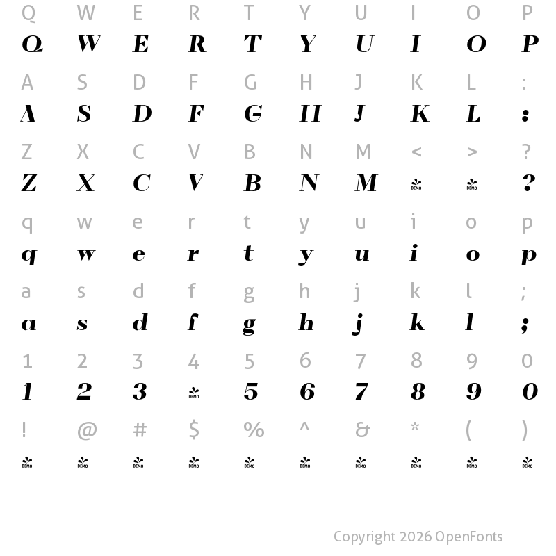 Character Map of FONTSPRING DEMO - VolkoSerif Poster Black Italic Regular