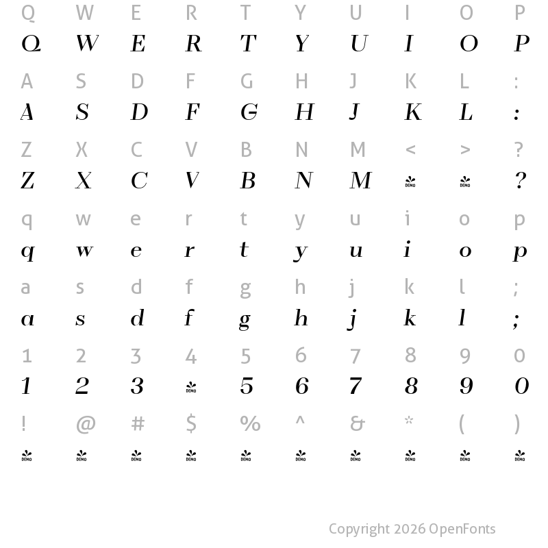 Character Map of FONTSPRING DEMO - VolkoSerif Poster Italic