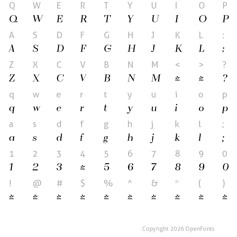 Character Map of FONTSPRING DEMO - VolkoSerif Poster Light Italic Regular