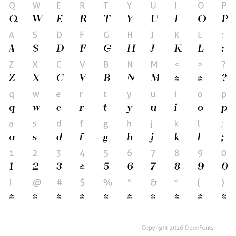Character Map of FONTSPRING DEMO - VolkoSerif Poster Medium Italic Regular