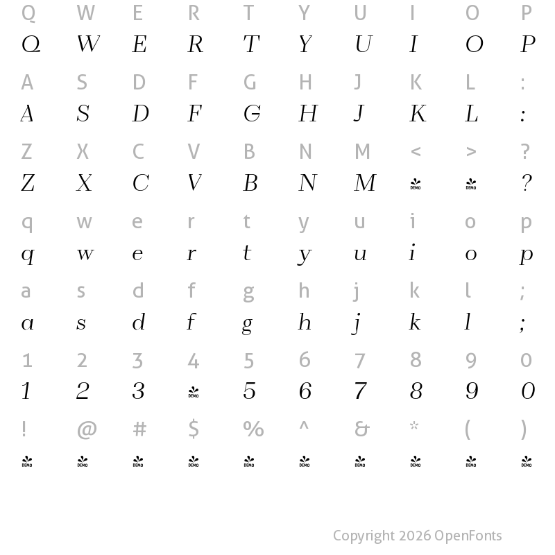 Character Map of FONTSPRING DEMO - VolkoSerif Poster UltLi Italic Regular